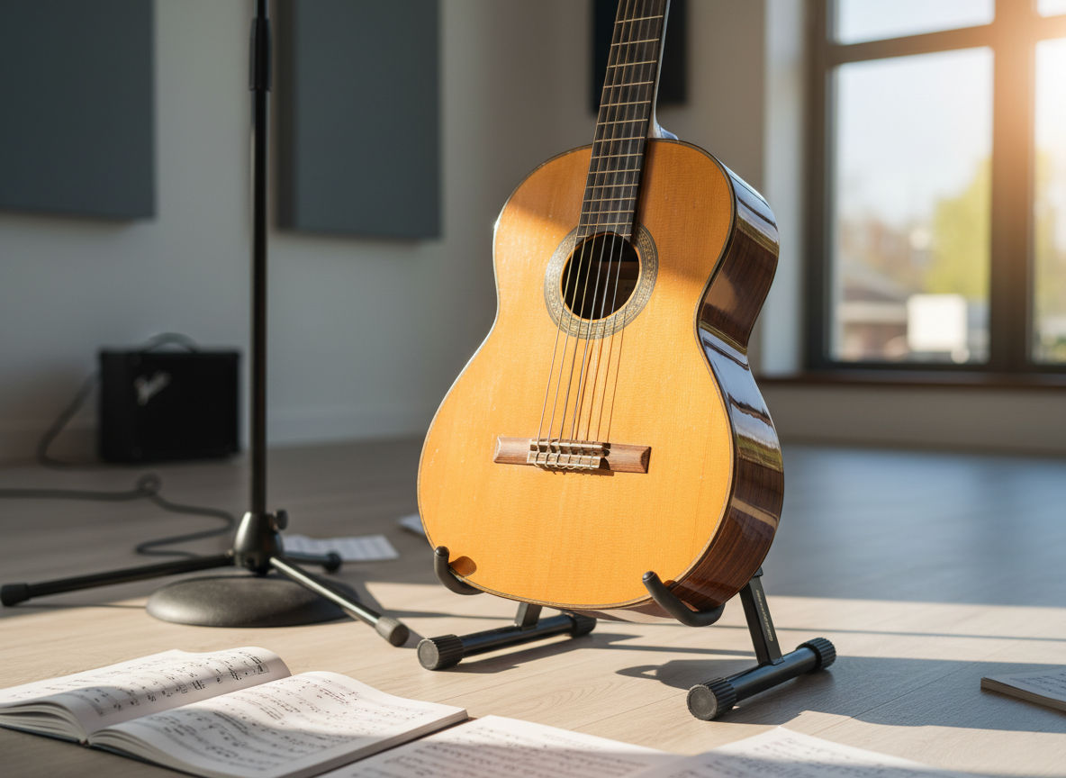 A glossy, well-worn classical guitar with warm honey-colored wood and slightly tarnished silver tuning pegs rests on a simple black guitar stand in a bright rehearsal room. Around it, open songbooks and neatly arranged sheet music lie on a light wooden floor, with a sturdy, adjustable microphone stand positioned nearby. Soft afternoon light streams through a large window, creating gentle reflections on the guitar’s curved body and subtle shadows across the floor. Photographic realism, eye-level composition with shallow depth of field keeps the guitar in crisp focus while the background of acoustic treatment panels and a small amp fades into a soft blur, conveying a welcoming, playful music school atmosphere.