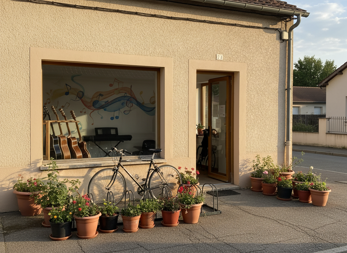 An exterior street-level view of a small music association building in a quiet Saint-Lys neighborhood, captured in photographic realism. The modest facade features pale stucco walls, a glass entrance door, and a large window through which guitar stands, a keyboard, and a wall with abstract musical-note decorations are visible. A couple of bicycles are parked by a simple metal rack, and potted plants in mismatched terracotta pots line the entrance, adding charm. Soft late-afternoon light bathes the scene, with gentle shadows stretching across the sidewalk. Shot at eye level with balanced composition, the atmosphere feels local, accessible, and welcoming, suggesting a friendly community music school.