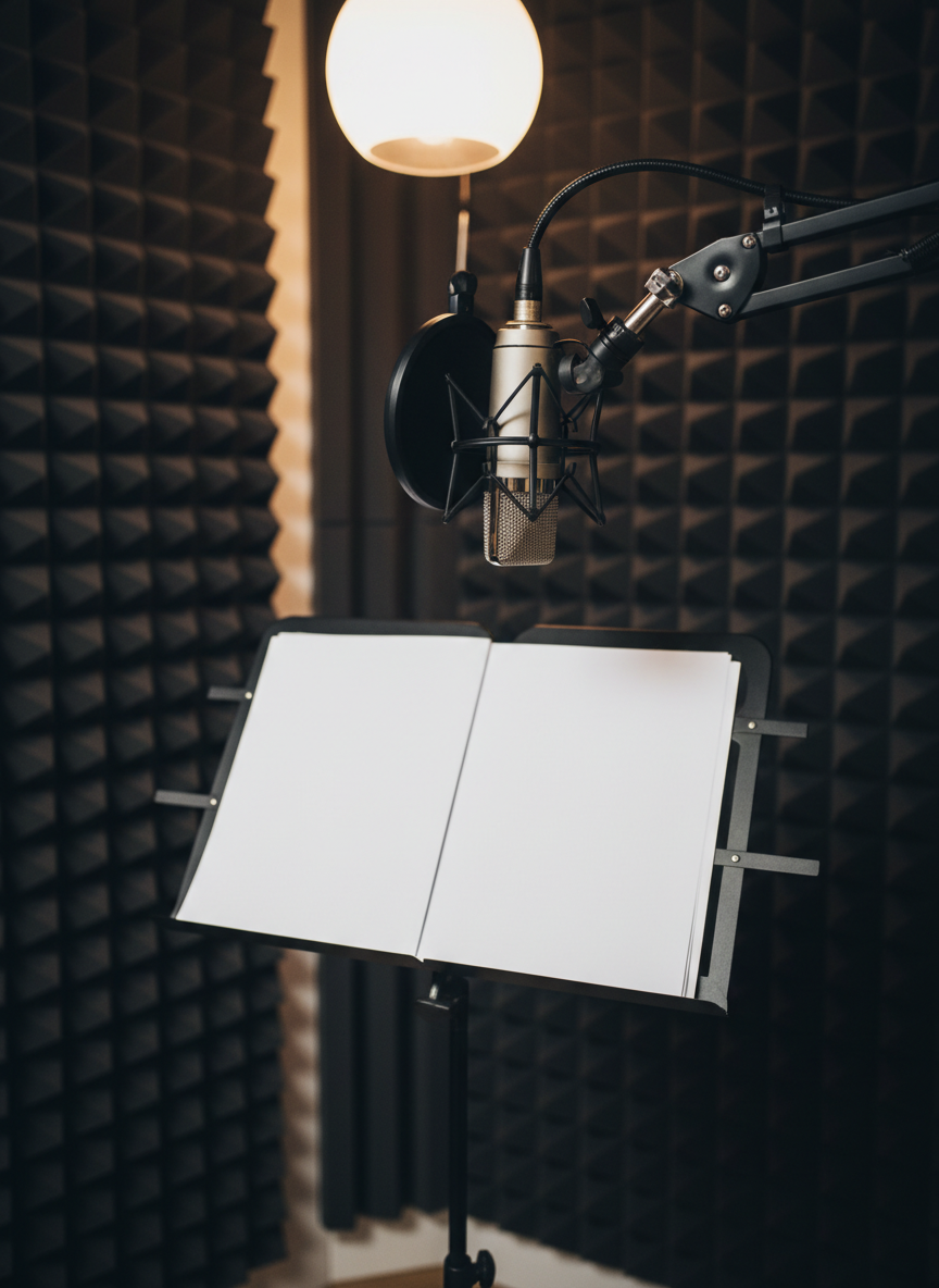 A close-up, photographic view of a dynamic studio microphone with a fine metal mesh grille and shock mount, angled towards an empty, height-adjustable music stand holding crisp, blank sheet music. Behind them, a softly textured dark acoustic foam wall in a small recording corner suggests a dedicated vocal space. Warm, diffused pendant lighting from above creates delicate highlights along the microphone’s metallic surfaces and a gentle halo on the music stand. Captured with shallow depth of field and a slightly elevated angle, the scene feels intimate yet energetic, evoking the excitement of singing lessons just about to begin in a friendly, modern studio environment.