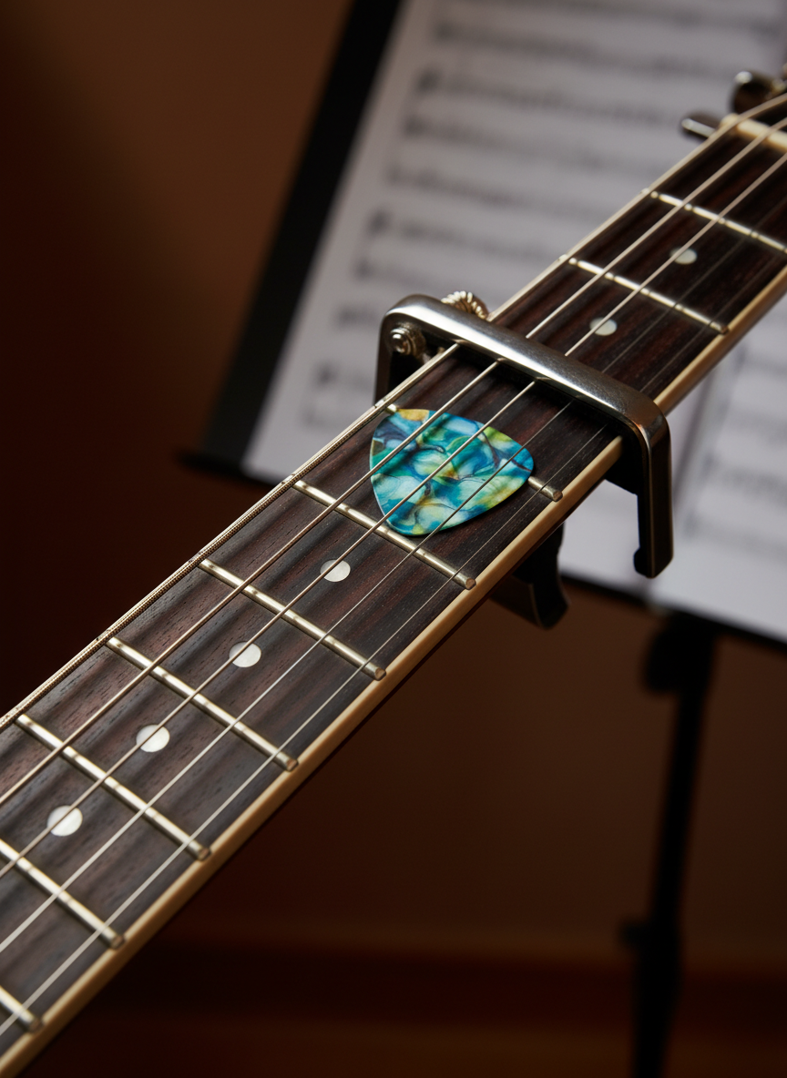 A close, photographic detail of a dark wooden guitar fretboard with clean metal frets and pearloid dot inlays, captured as if mid-lesson. A slim capo is clipped firmly across one fret, and a colorful guitar pick rests between adjacent strings. The rich texture of the rosewood grain is visible, and the strings catch tiny highlights from a bright overhead LED strip. The background falls into deep, velvety blur, with only hints of a blurred music stand and warm-toned wall, creating a focused, instructional mood. The composition uses a diagonal angle along the neck, emphasizing precision, progression, and the tactile joy of learning guitar.